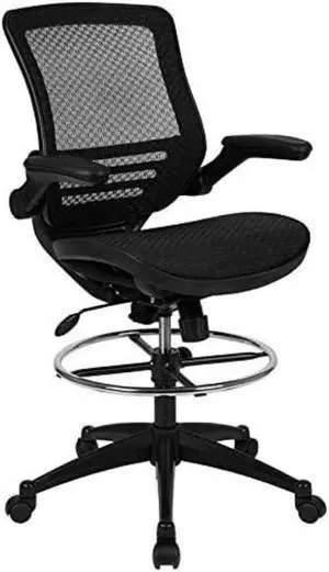 Flash Furniture Waylon Mid-Back Transparent Black Mesh Drafting Chair with Black Frame and Flip-Up Arms