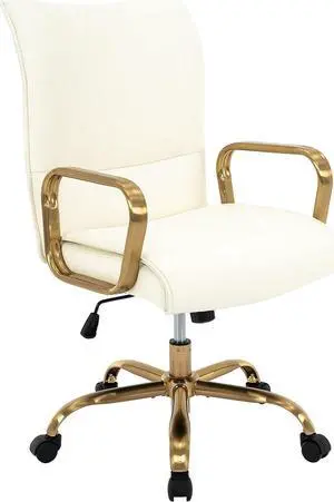 MFD LIVING Home Office Chair, Modern Upholstered Mid-Back PU Leather Task Desk Chair with Arms, Adjustable Rocking Swivel Computer Chair with Wheels (Off-White, Gold Base)