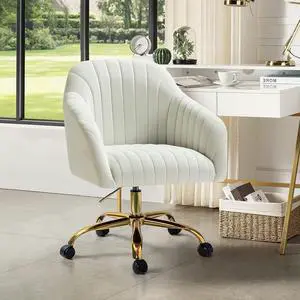 HULALA HOME Velvet Home Office Desk Chair, Modern Cute Computer Task Chair, Wheels Swivel Height Adjustable Upholstered Vanity Chair for Women, Girls (Gold Base, Ivory)