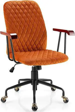 COSTWAY Orange Velvet Office Chair, Upholstered Home Leisure Chair with Rubber Wood Armrests & 5-Claw Metal Base, Vintage Mid-Back Computer Desk Chair for Adult, Home, Office, Study