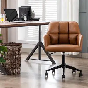 Modern PU Leather Office Chair, Height Adjustable Comfy Desk Chair with Wheels, 18.3 Wide Swivel Armchair for Living Room Home Office Computer, Brown