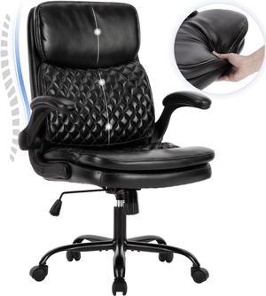 COLAMY Office Chair, Executive Computer Chair, Ergonomic Home Office Chair with Padded Flip-up Arm, Adjustable Height and Tilt, Thick Leather Swivel Task Rolling Chair for Adult/Teens/Men/Women, Black