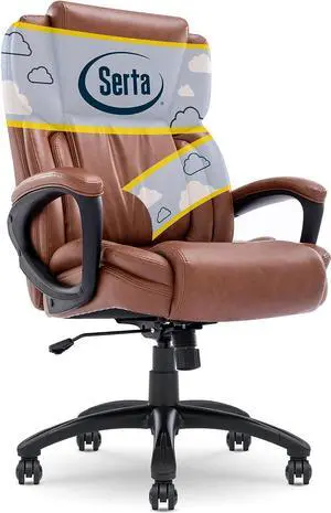 Serta Executive Office Adjustable Ergonomic Computer Chair with Layered Body Pillows, Waterfall Seat Edge, Bonded Leather, High-Back, Cognac