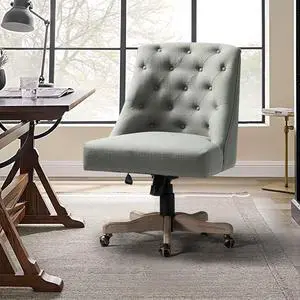 Modern Tufted Armless Home Office Chair, Comfy Upholstered Desk Chair with Vintage Wood Base, Height Adjustable Swivel Computer Task Chair for Living Room Bedroom, Grey