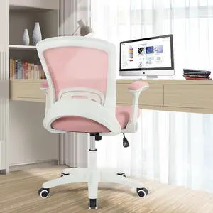 HYLONE Office Chair Mesh Computer Desk Chair, Mid-Back Task Chair Swivel, Flip-up Armrests, Lumbar Support, Adjustable Height, (Pink)