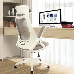 HYLONE Ergonomic Office Desk Chair, High-Back Mesh Computer Chair with Flip Up Arms, Headrest and Lumbar Support, Height Adjustable, White