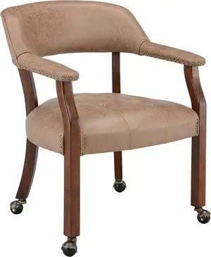LEEMTORIG Large Dining Chairs with Casters and Arms, Rolling Dining Chairs with Wheels, Solid Wood Office Desk Chairs, 26Dx25.2 Wx31.5H, Cherry Legs & Yellowish Brown Fabric SY-1533-LT