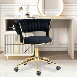 Yoluckea Velvet Office Chair Adjustable Height Swivel Modern Home Office Chair Weave Back Vanity Chair Desk Chair Computer Chair on Wheels Upholstered Task Chair Accent Chair Executive Chair (Black)
