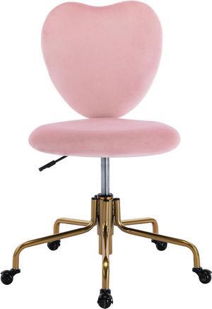 HNY Hi&Yeah Velvet Cute Desk Chair with Wheels, Comfortable Armless Home Office Chairs Heart Backrest, Adjustable Height Upholstered Swivel Accent Vanity Chair, Pink
