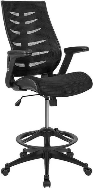 Flash Furniture Kale High Back Black Mesh Spine-Back Ergonomic Drafting Chair with Adjustable Foot Ring and Adjustable Flip-Up Arms