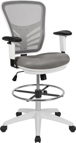 Flash Furniture Tyler Mid-Back Light Gray Mesh Ergonomic Drafting Chair with Adjustable Chrome Foot Ring, Adjustable Arms and White Frame