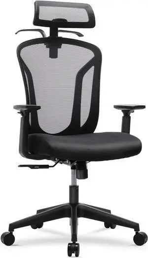 High Back Office Chair, Ergonomic Mesh Chair Home Desk Chair Adjustable Headrest, Executive Computer Chair with Hanger and Soft Foam Seat Cushion and Lumbar Support,Black