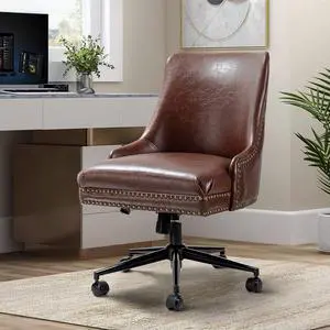 Faux Leather Home Office Chair with Black Metal Base and Nailhead, Modern Comfy Ergonomic Desk Chair with Adjustable Height/Tilt, 360-Degree Swivel, Armless Cute Decoration Vanity Chair, Brown
