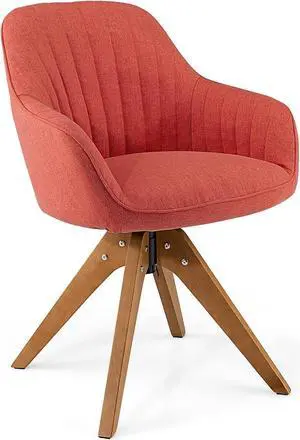 Giantex Desk Chair No Wheels, Super Easy to Install, Mid Century Computer Desk Armchair with Linen Fabric and Soft Sponge Filling, Swivel Accent Chair for Home Office, Red