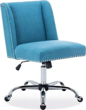 BELLEZE Modern Upholstered Linen Office Chair with Nailhead Trim, Armless Adjustable Height Swivel with Wheels, Stylish Farmhouse Computer Desk Seating - Blue