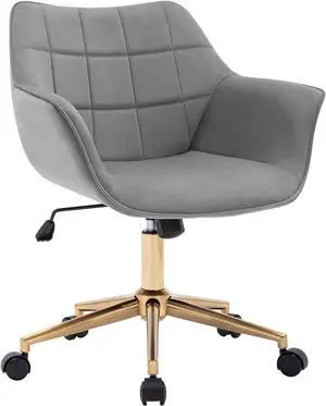 Duhome Modern Home Office Chair Velvet Desk Chair with Gold Metal Base with Mid Back Cute Ergonomic Computer Desk Chair Task Chair with Arms, Wheels Adjustable Swivel 1PCS (Grey Velvet)