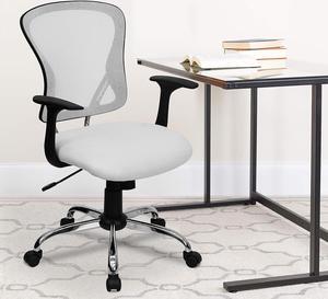 EMMA + OLIVER Mid-Back White Mesh Swivel Task Office Chair with Chrome Base and Arms