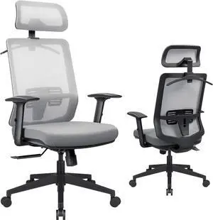 Furmax Ergonomic Office Chair, High Back Desk Chair with Adjustable Headrest, Lumbar Support and Armrests, Mesh Computer Chair with Clothes Hanger (Gray)