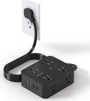 Power Strip Surge Protector 5Ft Ultra Thin Flat Extension Cord with Multiple Outlets 8 Widely Outlet Extender 4 USB Ports(2 USB C) 1080J Wall Mount for College Dorm Room Essentials Black