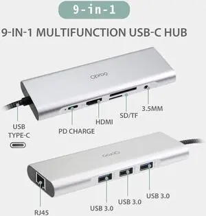 9-in-1 USB C Hub Multiple Adapter, 3 USB 3.0 Ports up to 5Gbps Transfer, 4K@30Hz HDMI, 60W PD, SD/TF Card Reader, 3.5mm Audio Jack & Ethernet, USB-C Hub for MacBook and Other Type-C Devices