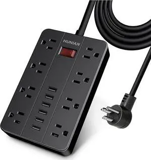 Power Strip with 6 USB,HUNIAN 5 Ft Extension Cord Flat Plug with 8 Widely Spaced Outlets Overload Protection Indoor Desk Charging Station Surge Protector for Home and Office Accessories, Black