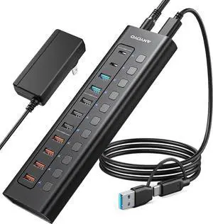 Powered 11-Port USB Hub with 4ft 2-in-1 Cable, ANYOYO 48W USB Hub (5 USB-A+2 USB-C+4 Smart Charging Ports), Wall Mounting USB Splitter with Individual LED Switches, USB Charging Hub for PC, Laptop