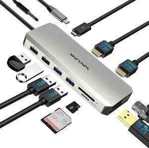 USB C Docking Station USB C to Dual HDMI Adapter USB C Hub Dual Monitor, 13 in 1 Multiport Triple Display Type C Dongle with Dual HDMI 4K, DP, PD Charger, 5 USB, Ethernet, SD TF Card Reader, Audio