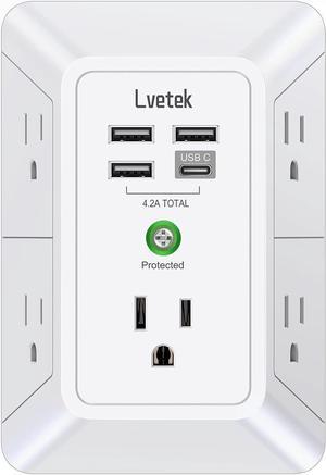 USB Wall ChargerLVETEK Surge Protector 5 Outlet Extender with 4 USB Ports (1 USB C Outlet) 3 Sided 1680J Power Strip Multi Plug Outlets Wall Adapter Spaced for Home Travel Office ETL Listed