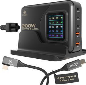 200W USB C Charger - LCD Display USB C Block - 5-Port GaN Charger 3 USB-C 2 USB-A Powered USB Hub Charging Station for Multiple Devices for MacBook iPad iPhone Laptop