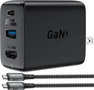 ACEFAST GaN PD65W 3 Port(USB C+USB A+4K/HD) Fast Charger Hub for Nintendo Switch, USB C 3.1 Laptops, Tablets, Foldable AC Plug Power Adapter Compatible with MacBook, Switch, HP, Acer, Samsung, ASUS