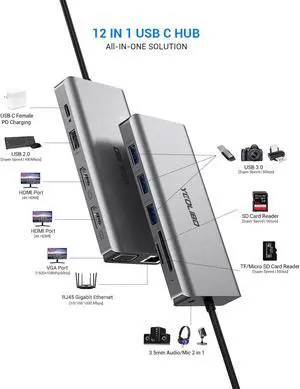 16 in 1 and 12 in1 USB C Docking Station,Triple Display, 4K HDMI DP VGA Port,USB 3.0 Port,Gigabit Ethernet, 4USB-A, Mic/Audio, SD/TF Card Reader