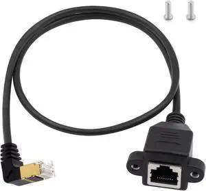 Duttek Ethernet Adapter 90 Degree Cable, Cat8 Extreme Thin Down Angled RJ45 Male to Female Network Extension Cable, with Screw Panel Mount, for Hub, routers Etc 1.65ft/50CM