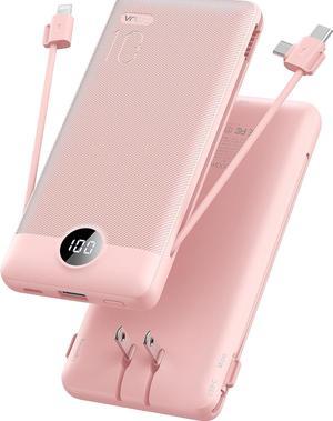 VRURC Portable Charger Built-in Cables and AC Wall Plug, USB C Power Bank 10000mAh, [2023 Upgraded Version] Phone Charger Compact Lightweight External Battery Pack for Smart Phones, Tablets etc-Pink