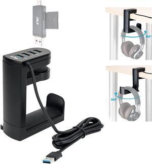 KIWIFOTOS 2 in 1 Headphone Stand with USB Hub, PC Gaming Headset Holder Hanger 360 Degree Rotation Underdesk Headphone Hook Mount with 4 USB Ports Desk Organizer - Black