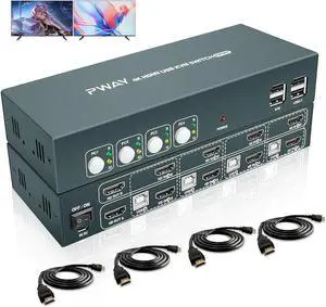 Dual Monitor HDMI KVM Switch for 4 Computer,Extended Display 4 Port,4 Computers Share 2 Monitors, USB 2.0 Hub with Hotkey Switch, UHD 4K@30Hz Downward Compatible, No Adapter Required