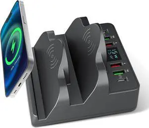 FORYOU Charger Station Wireless Charger Phone with QC/PD Ports, 8 in 1 Fast Charging Pad Wireless Phone Charger for iWatch/Airpods/Samsung/Android/iPhone 14 13 12 for Travel Essentials