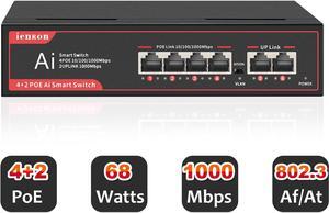 ienRon 6 Ports PoE Switch,4 PoE Ports Gigabit Ethernet Switch with 2 Ports Gigabit Uplink,Unmanaged Network Switch with 68W Power Supply,Ethernet Splitter |Fanless Design |Plug & Play |Wall Mount