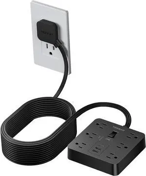 Flat Plug Extension Cord 15 Ft, TESSAN Surge Protector Power Strip with 6 Outlets and 3 USB Ports, 1700 Joules, Desktop Black Long Power Cord for Indoor Home Office School Dorm Room Essential