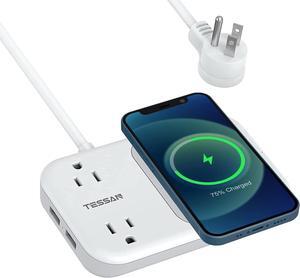 Wireless Charger Small Power Strip 2 USB A Ports, TESSAN Mini Flat Plug Nightstand Desktop Charging Station with 2 Outlet 4 ft Extension Cord, Compatible with iPhone and Samsung for Dorm Room Cruise