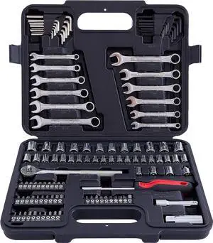 121 Piece Mechanic Tool Set, 1/4 & 3/8 Inch Drive SAE & Metric Socket Wrench Kit, Sockets, Combination Wrenches Auto Repair Tool Set with Storage Case and as A Gift