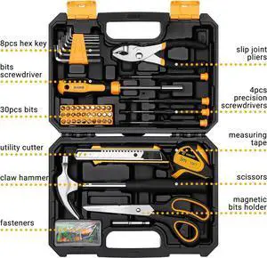 DEKOPRO General Household Hand Tool Kit with Plastic Toolbox Storage Case, All Purpose Home Tool Kit Includes Essential Tools for Office College Repairs, 50 Piece