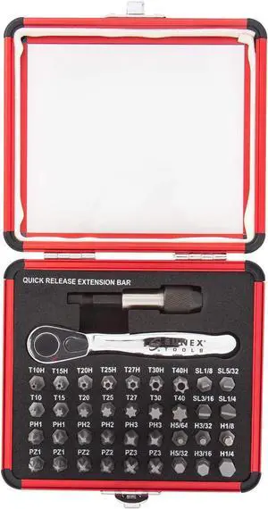 Sunex 9726 Mini Ratchet and Bit Set, 1/8-Inch - 1/4-Inch S2 Bits, 5/64-Inch - 1/4-Inch hex bits, 38-Piece Silver