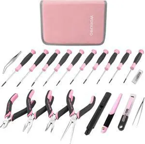 WORKPRO 33PCS Precision Repair Tool Set Includes Pliers Set, Screwdrivers Set, Craft & Utility Knife, Tweezers, Electronic Repair Tool Kit with Pouch for Laptops, Phones, Computer - Pink Ribbon