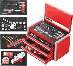 P.I.T. Portable 3 Drawer Steel Tool Box with 61-Pieces Mechanics Tool Set,Magnetic Locking, Red Hand Carry Tool Cases for Hand Tools Repair Tool Kit