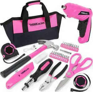 THINKWORK 40-Piece Pink Tool Set - Ladies Hand Tool Set with 3.6V Rotatable Electric Screwdriver - Long-lasting and Durable-Very Suitable for Gifts, Perfect for DIY, Daily Home Decoration