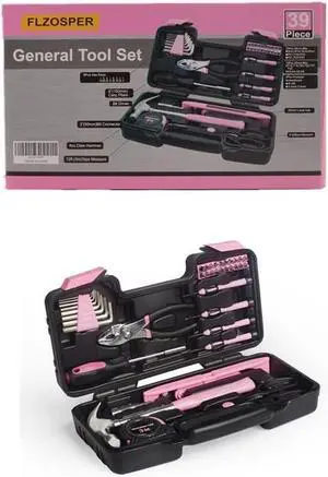 39-Piece General Tool Set-Essential Household Hand Tool Kit with Portable Toolbox Storage CasePinkLevel Ruler