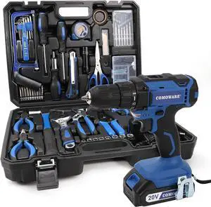 COMOWARE 120 Pcs Home Tool Kit with Drill, 20V Power Tool Combo Kits with 2.0 Ah Li-ion Battery & Charger, 25+1 Clutch, Tool Sets for Men, Household Tool Set for Garden Office Home Repair, Blue Case