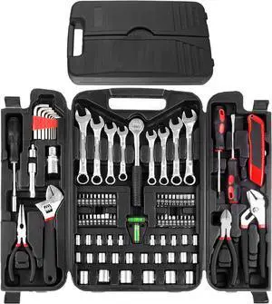 95 Piece Tool Set, Tool Kit, Mechanics Tool Set, Portable Toolbox with Adjustable Wrench Pliers Socket Bits, Repair Home Tool Kit with Plastic Toolbox Storage Case, for House Apartment Garage