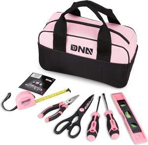 DNA MOTORING TOOLS-00203 Home Repairing Tool Set - 7 Pcs Household DIY Hand Tool Kit with Wide-open Mouth Canvas Storage Bag, Pink