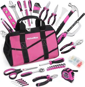 ValueMax Pink Tool Kit, 219-Pieces Home Repairing Tool Set, Household Tool Kit with Wide Mouth Open Storage Bag, Household Hand Tool Set for DIY, Gifts and Basic Home Maintenance